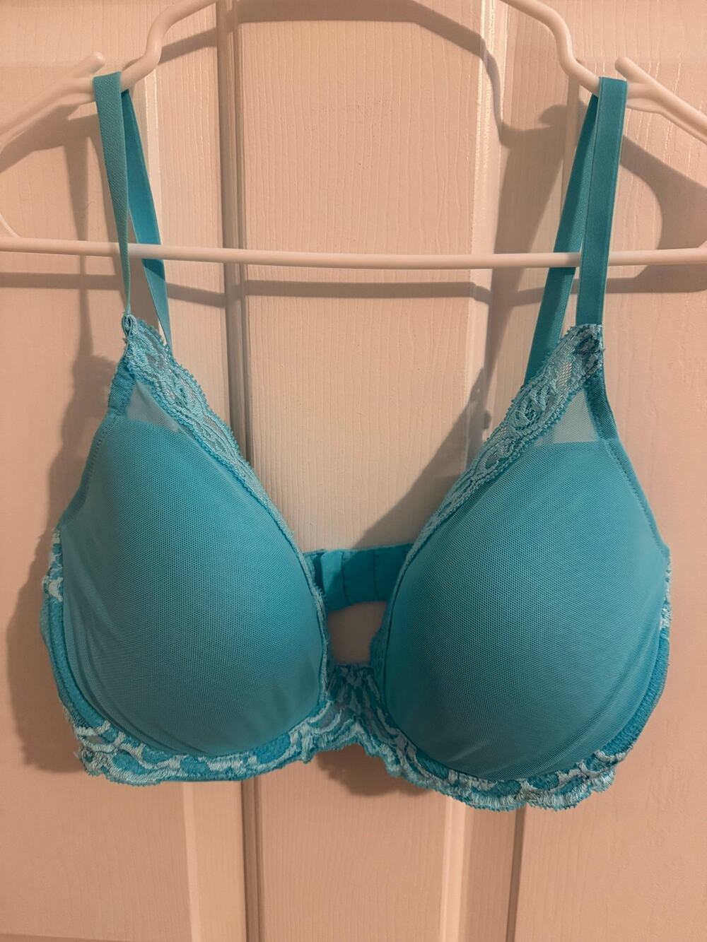 Natori Feathers Plunge Bra 730023 Underwire Lightly Padded Mesh Lace Blue 34DDD